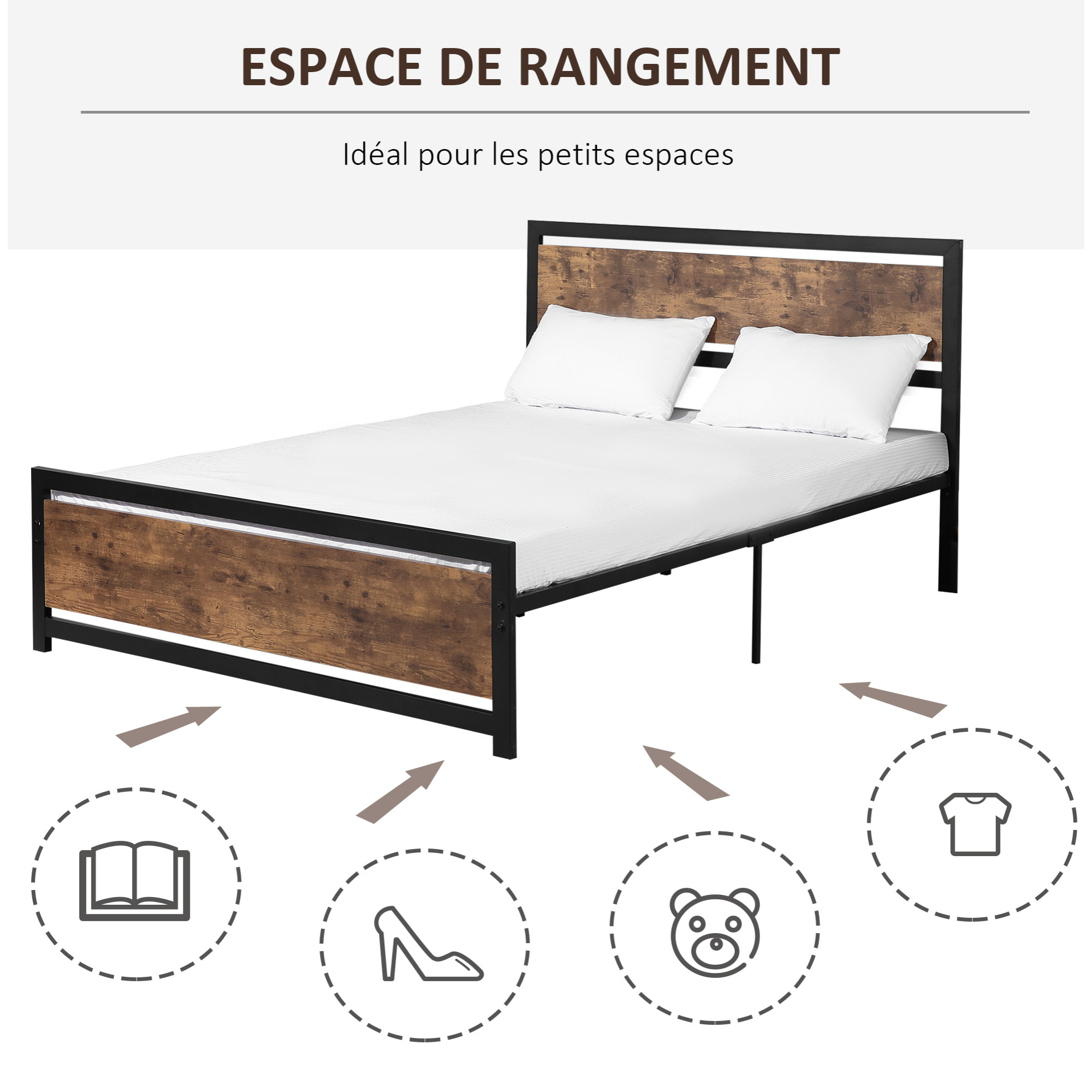 Lit double design industriel - tête de lit, pied de lit et sommier - dim. 208L x 167l x 103H cm - compatible matelas 200L x 160l cm - acier noir MDF aspect bois avec veinage