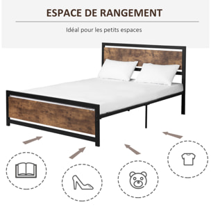 Lit double design industriel - tête de lit, pied de lit et sommier - dim. 208L x 167l x 103H cm - compatible matelas 200L x 160l cm - acier noir MDF aspect bois avec veinage