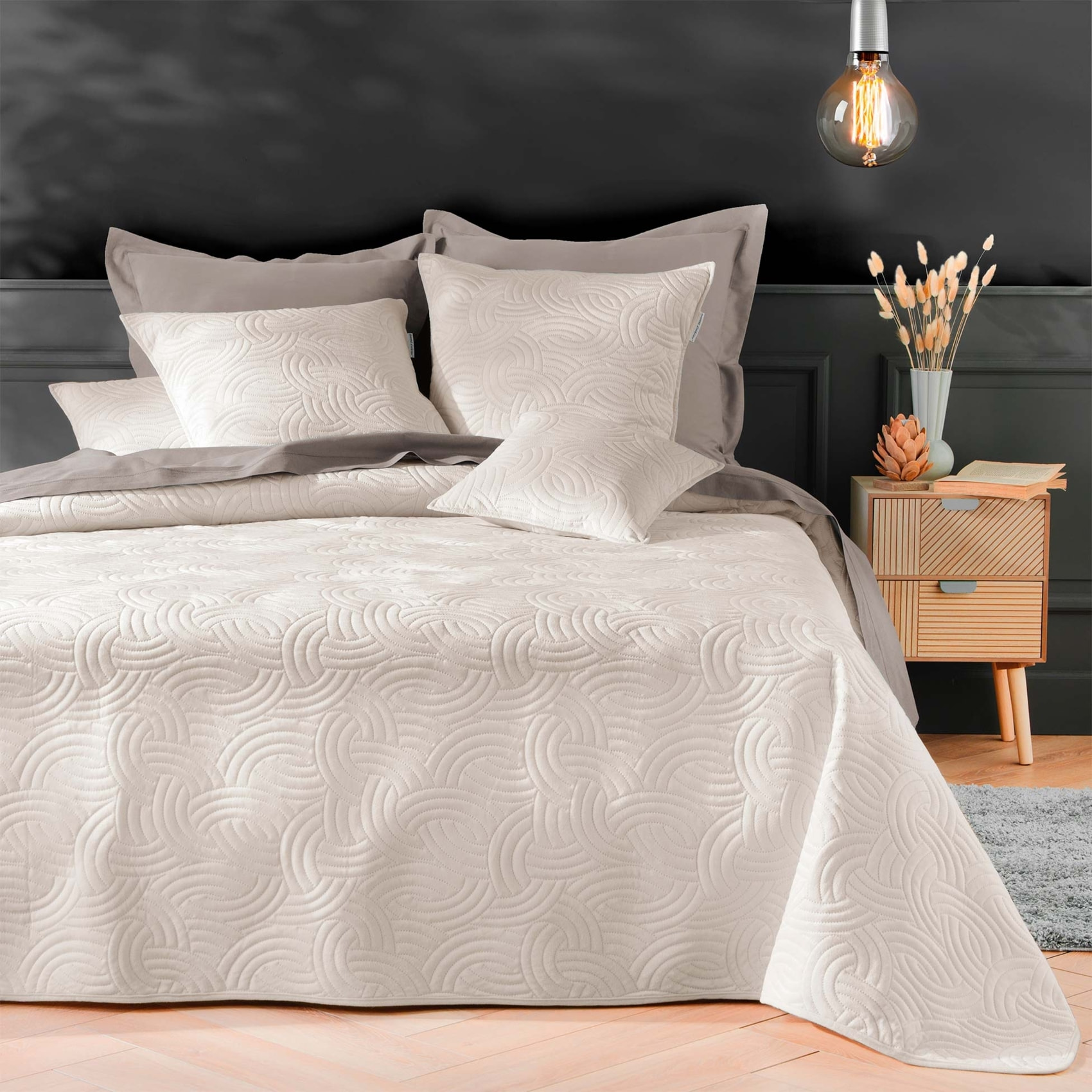 Couvre-lit 3 pièces matelassé velours + deux taies - Naturel