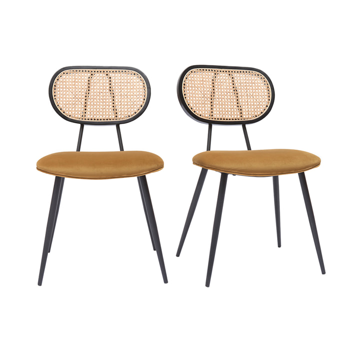 Chaises design en tissu velours bronze, métal noir et cannage rotin naturel (lot de 2) TOLMA