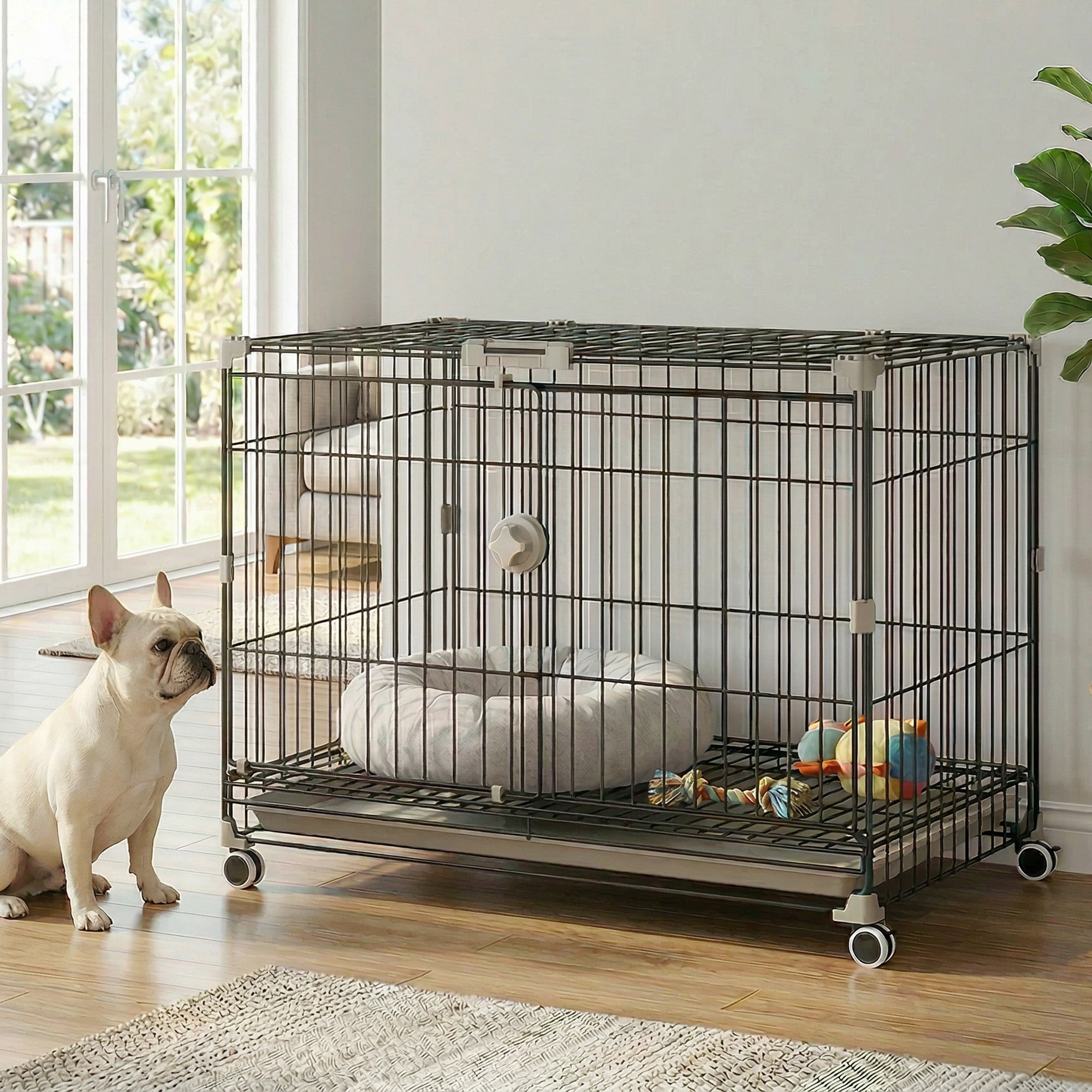 Cage pour Chien Pliable, Plateau Amovible, Roues avec Freins, Toit Ouvrant Verrouillable, Porte de Nourrissage, Niche Chien Interieur pour Petits et Moyens Chiens, 75,5x46x64,5cm, Noir