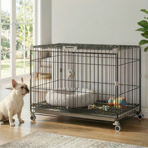 Cage pour Chien Pliable, Plateau Amovible, Roues avec Freins, Toit Ouvrant Verrouillable, Porte de Nourrissage, Niche Chien Interieur pour Petits et Moyens Chiens, 75,5x46x64,5cm, Noir