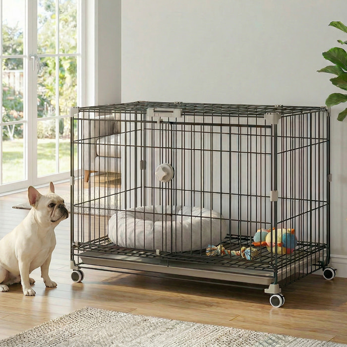 Cage pour Chien Pliable, Plateau Amovible, Roues avec Freins, Toit Ouvrant Verrouillable, Porte de Nourrissage, Niche Chien Interieur pour Petits et Moyens Chiens, 75,5x46x64,5cm, Noir