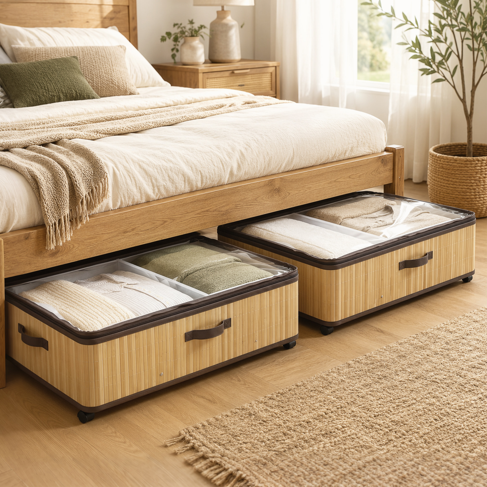 Juego de 2 Cajas de Almacenaje Bajo Cama con Ruedas, 60L, Organizador Zapatos Debajo Cama de Bambú con Tapa Transparente y Asa, Marco Metálico, para Zapatos, Mantas, Juguetes, Natural