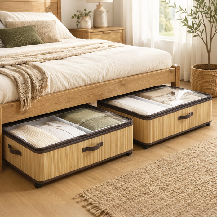 Juego de 2 Cajas de Almacenaje Bajo Cama con Ruedas, 60L, Organizador Zapatos Debajo Cama de Bambú con Tapa Transparente y Asa, Marco Metálico, para Zapatos, Mantas, Juguetes, Natural
