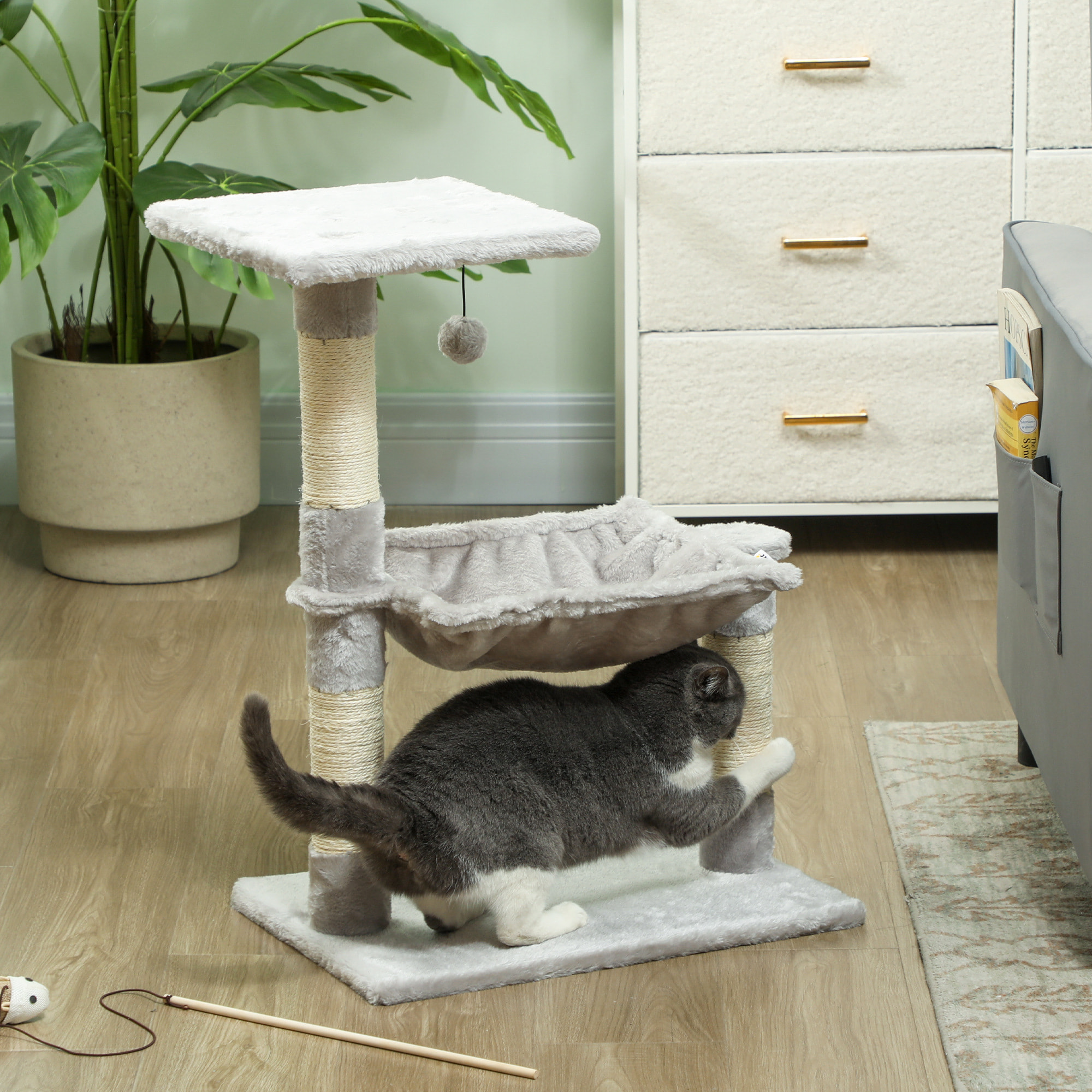 Árbol Rascador para Gatos Torre para Gatos 50x36x70 cm Centro de Actividad con Hamaca Plataforma Postes de Sisal y Bola Colgante Gris Claro