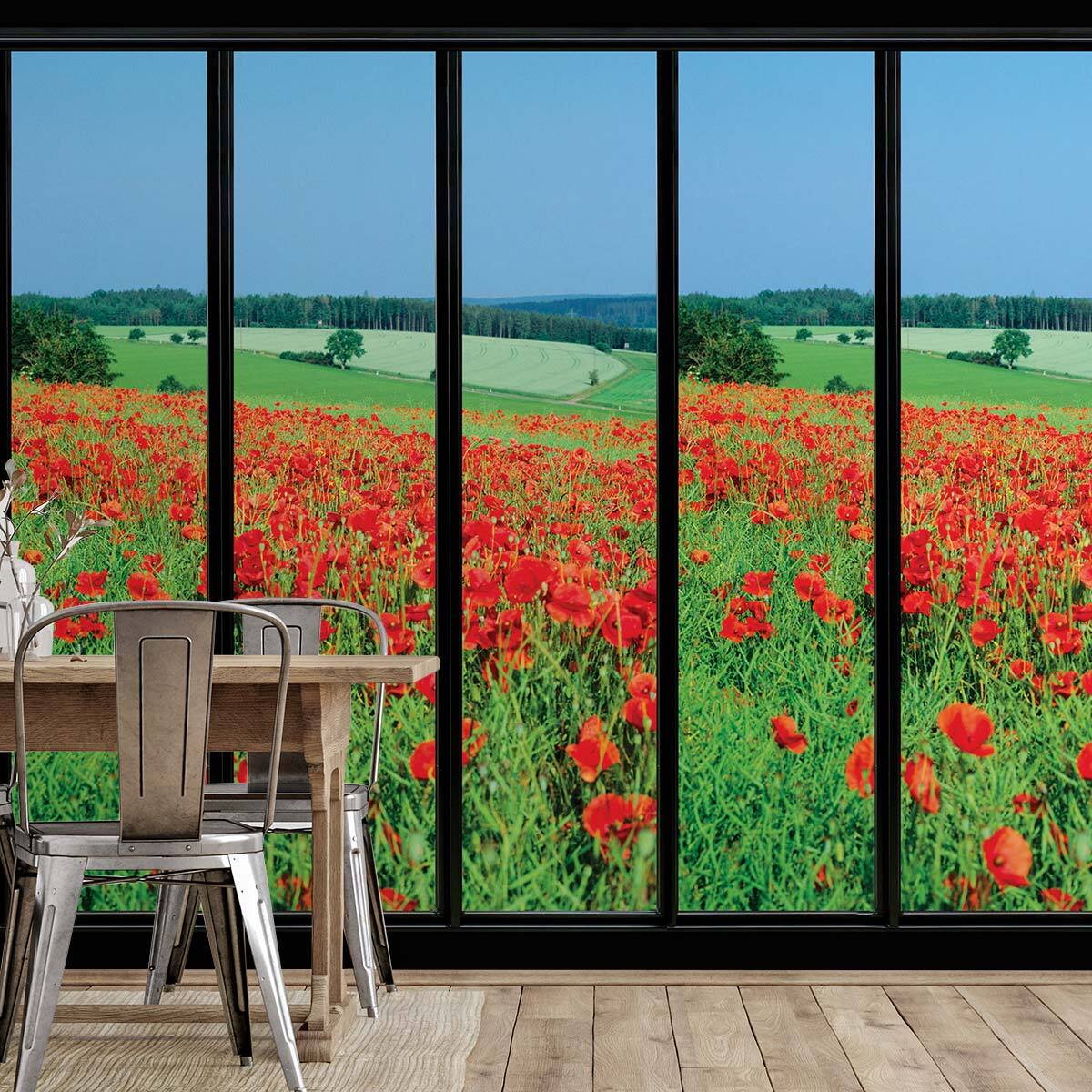 Papier peint, fenêtre sur coquelicots Intissé