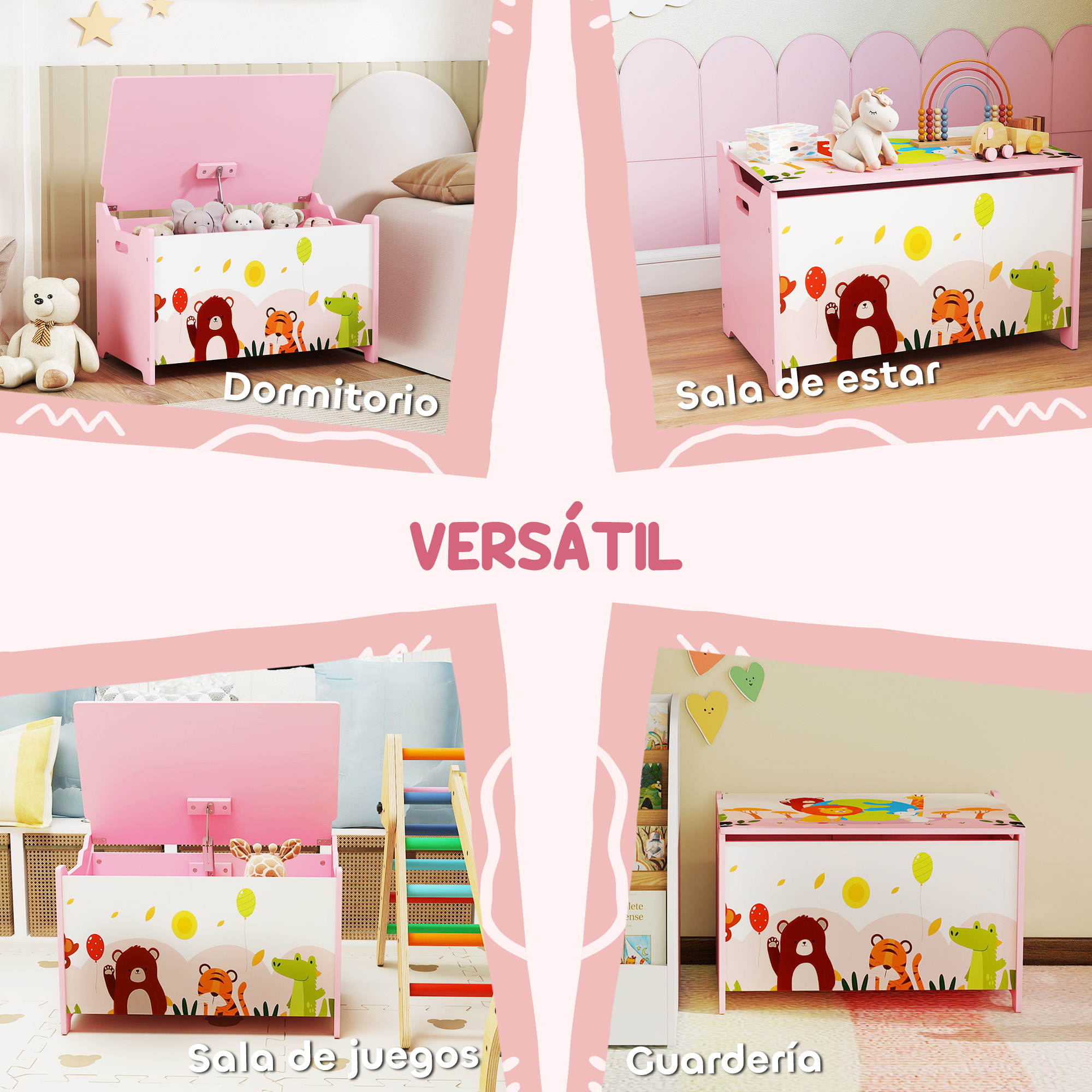 Caja de Almacenaje de Juguetes, Baúl Juguetes Infantil, Tapa Abatible con Cierre Suave, Asas, Estampados de Animales, para Libros, Ropa en Dormitorio, Sala de juegos, Guardería, Rosa