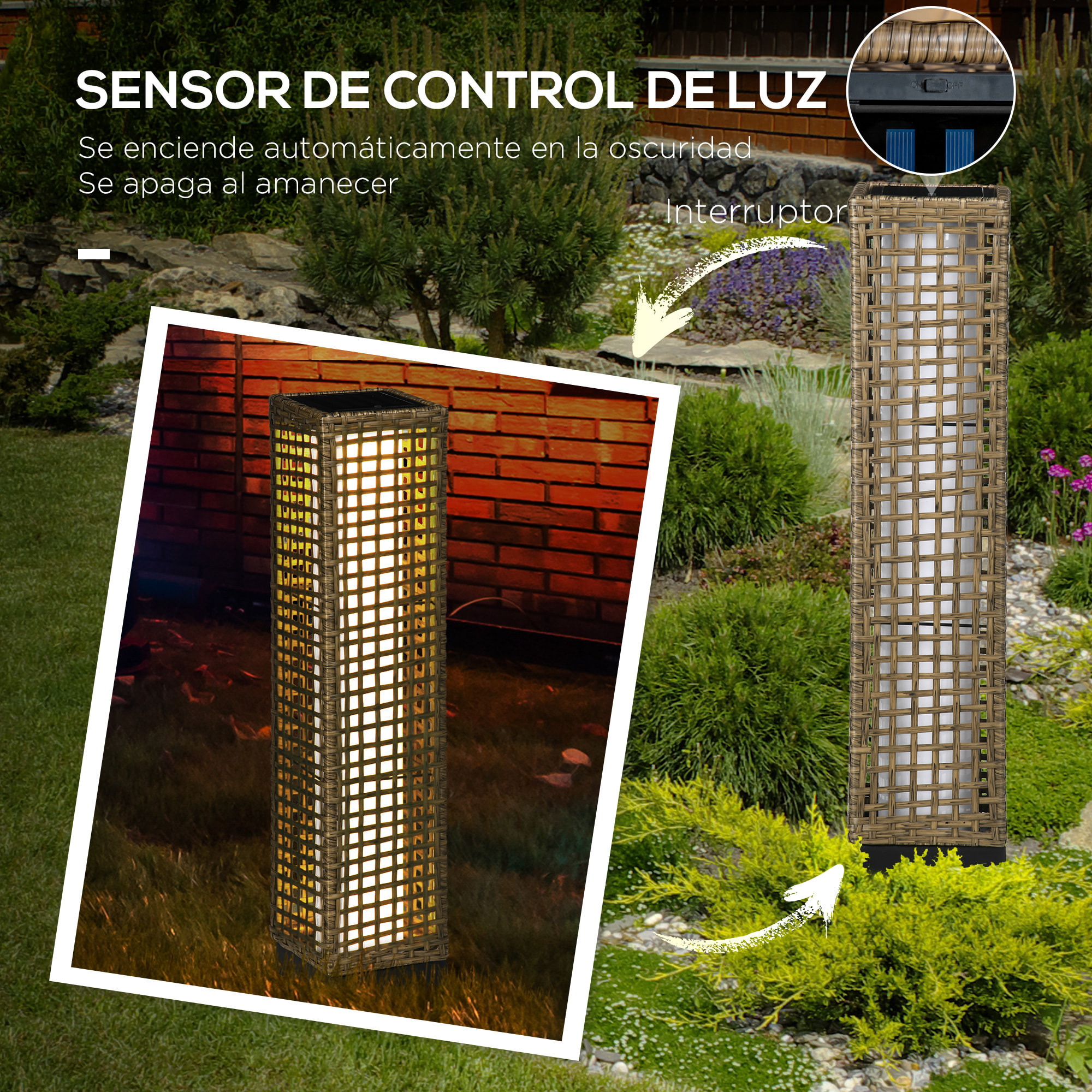 Linterna de Jardín de Ratán Sintético Farola Solar con Luces LED Encendido y Apagado Automático para Terraza Balcón Patio 15,5x15,5x69 cm Arena