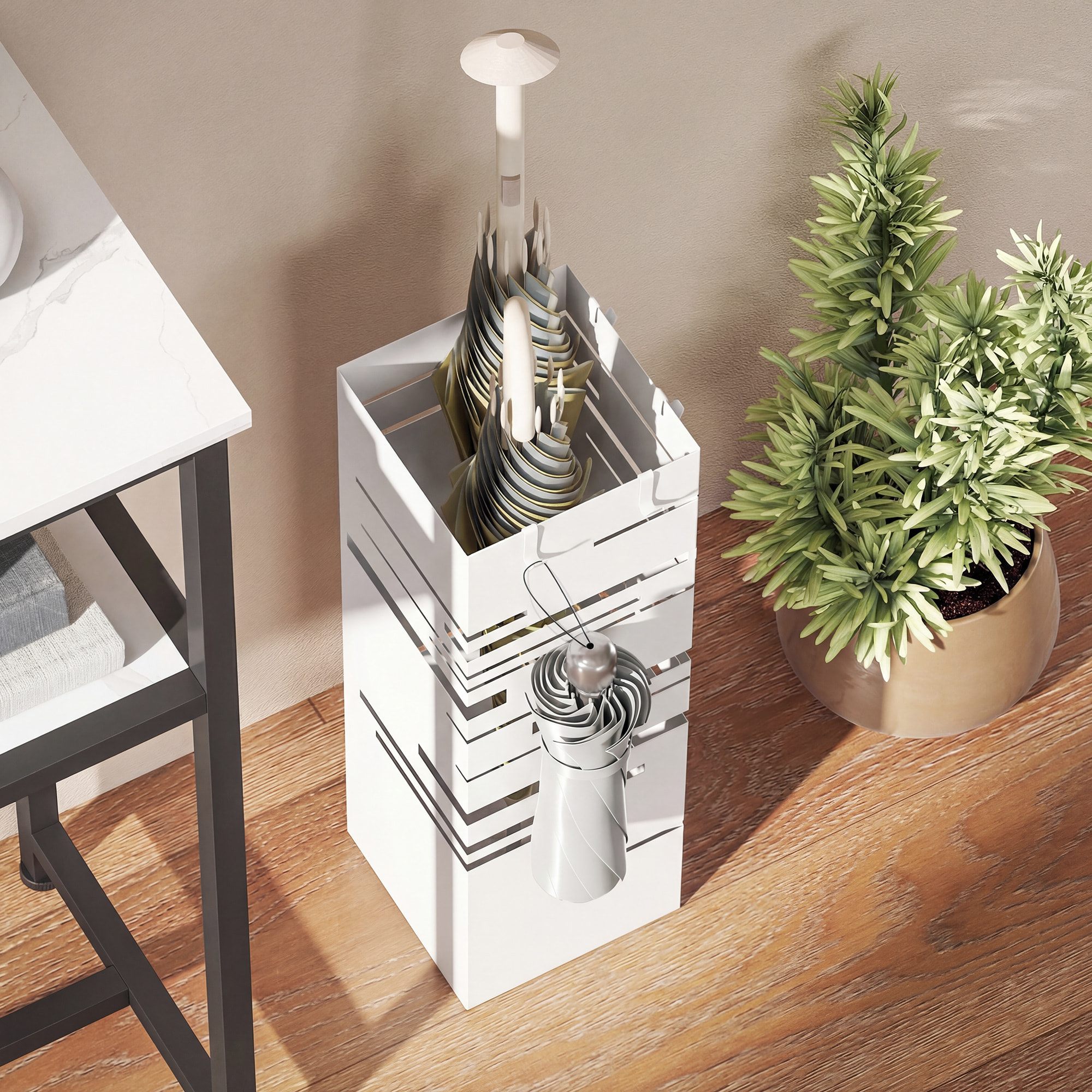 ParagÃƒÂ¼ero Metálico, Soporte de Paraguas con 4 Ganchos y Bandeja de Goteo Extraíble, ParagÃƒÂ¼ero Blanco para Entrada, Oficina, 15,5x15,5x49 cm