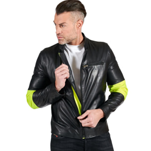 Giacca biker in pelle nera e inserti in pelle fluo effetto liscio