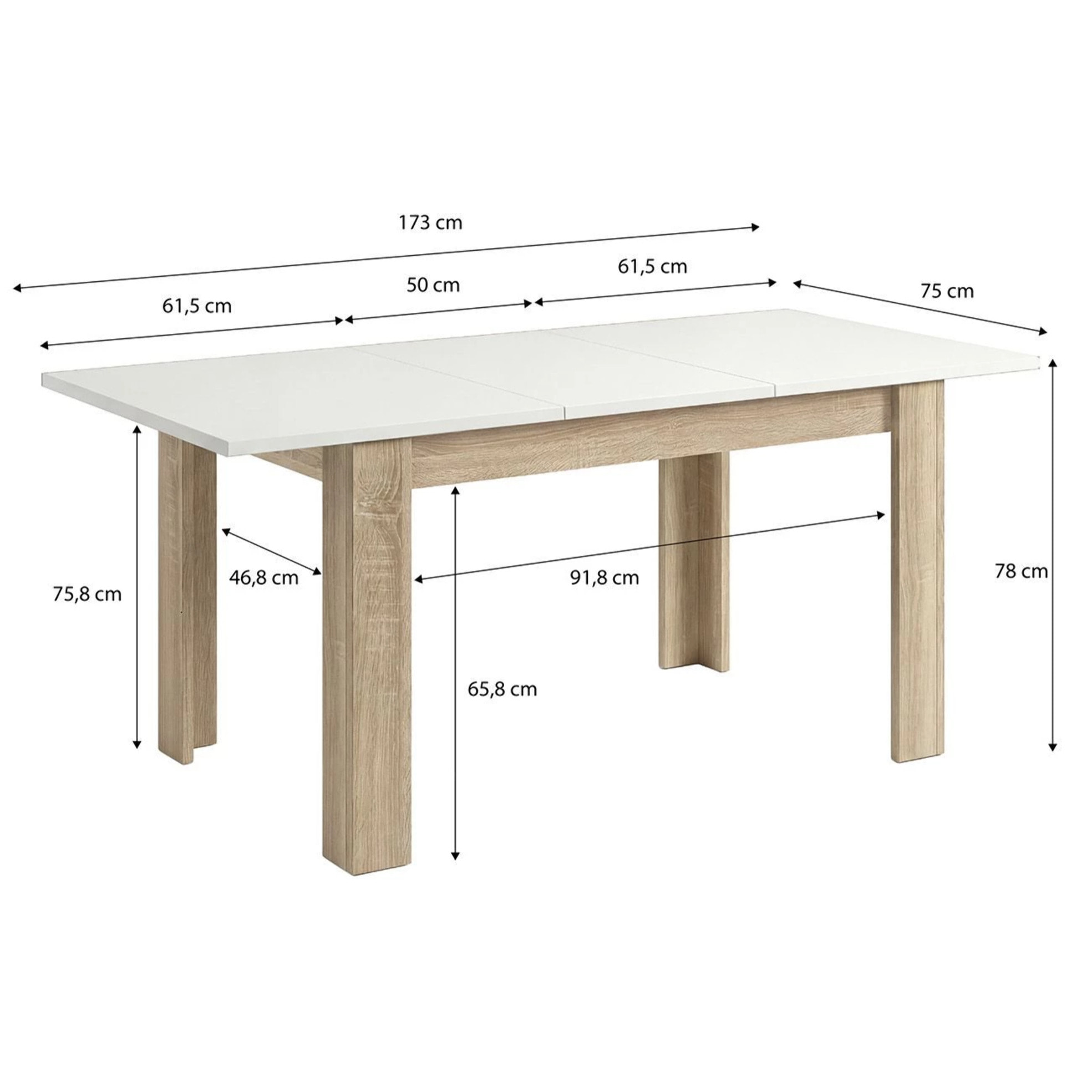 Mesa de comedor extensible en roble canadian y blanco artik 123-173x75 cm Sira Roble Canadian - Blanco Artik (Blanco Mate)