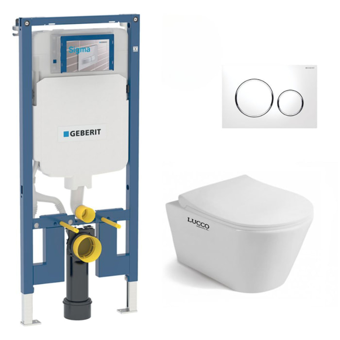 Pack WC Bati-support Geberit UP720 + Cuvette Lucco Avva sans bride + Abattant soft close + Plaque Blanche