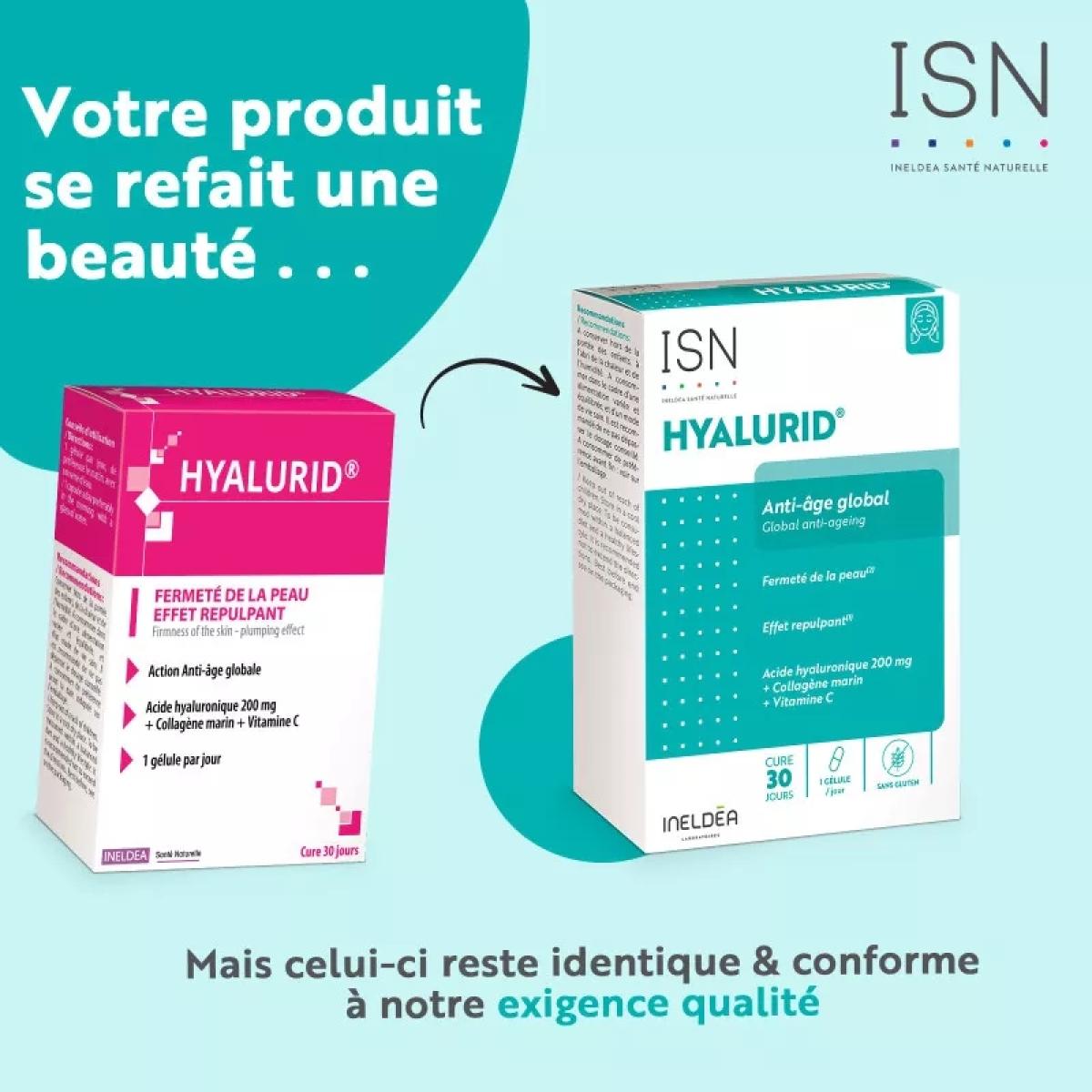 INELDEA SANTÉ NATURELLE - Hyalurid - Préserve la beauté et la jeunesse de la peau - Fermeté & élasticité - Effet repulpant - Acide Hyaluronique, Collagène marin, Vitamine C - Cure 30 jours