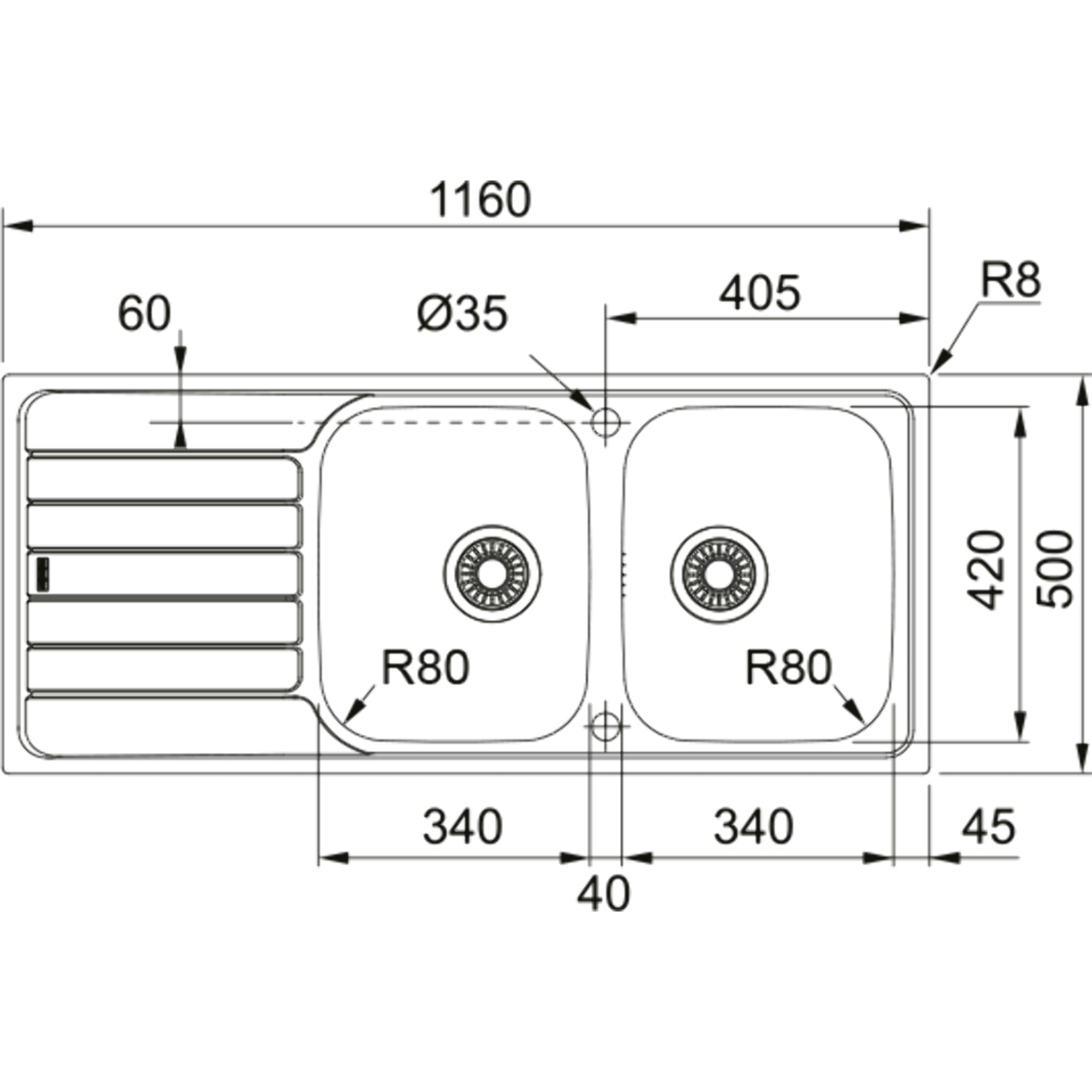 Smart SRX 621 Evier 116x50cm avec double cuve et égouttoir à gauche, Acier inoxydable (101.0356.896)