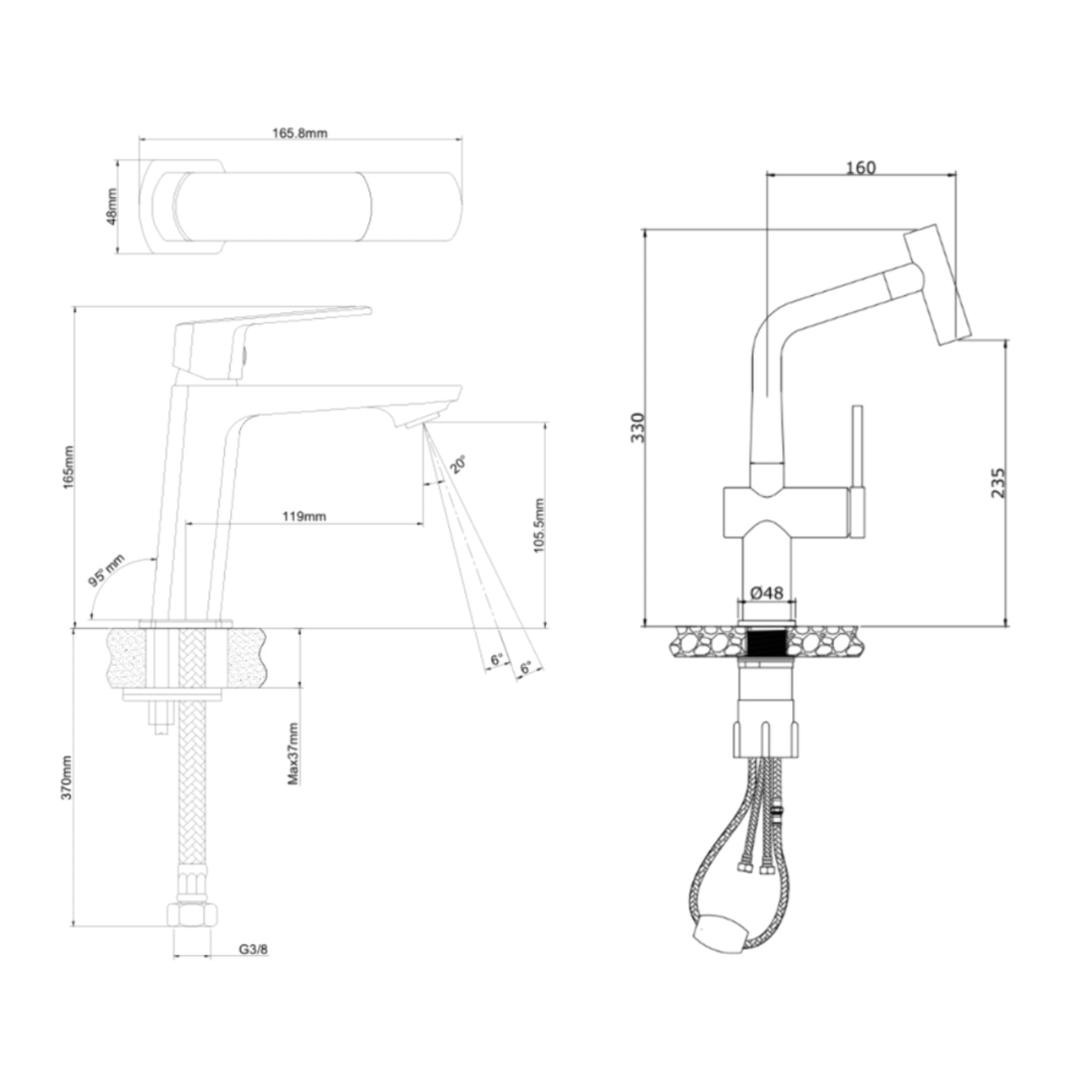 Feel set mitigeur lavabo + mitigeur cuisine Ceramia Timeless acier inoxydable, douchette extractible, noir mat (SATBM185C)