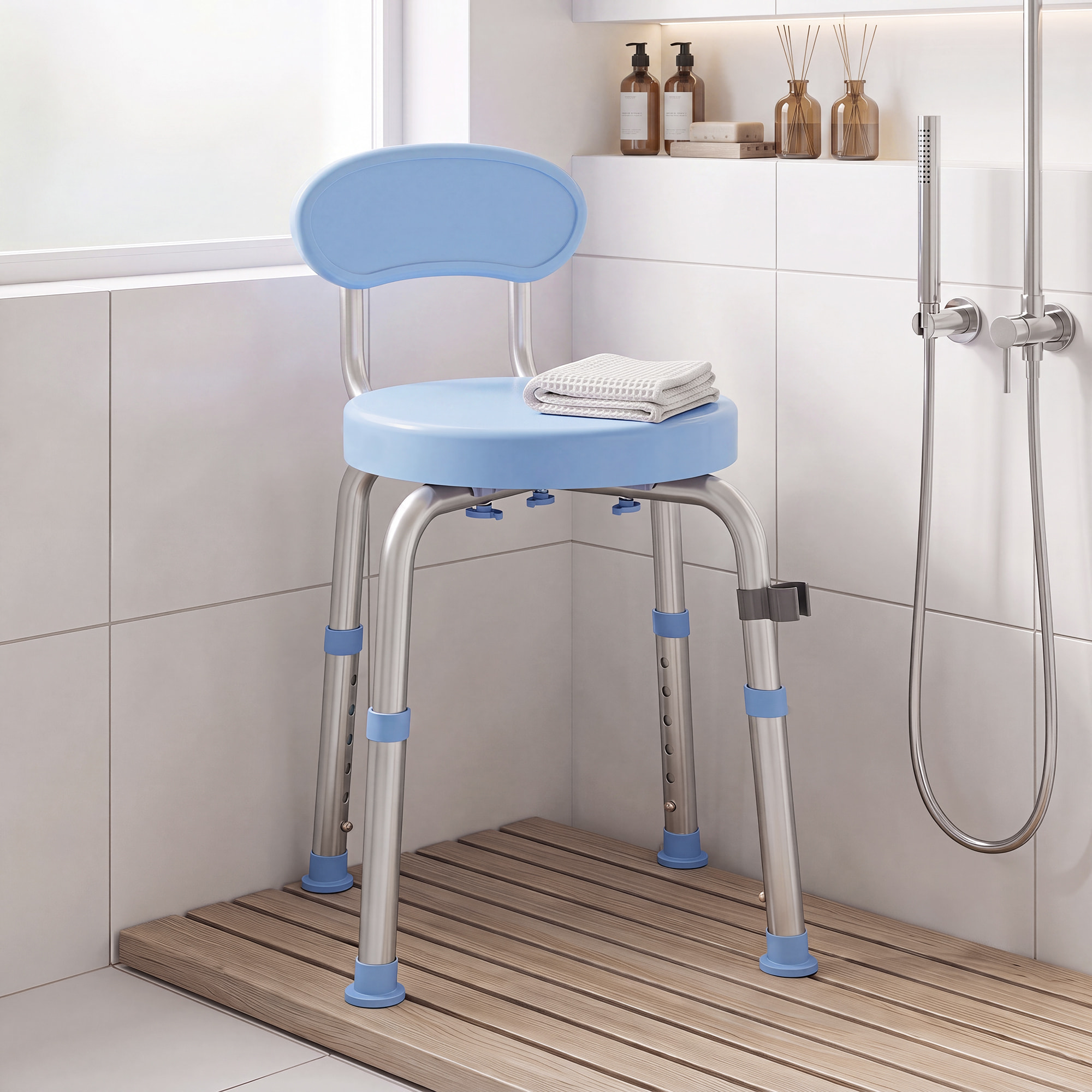 Tabouret de douche réglable pivotant alu PP bleu clair