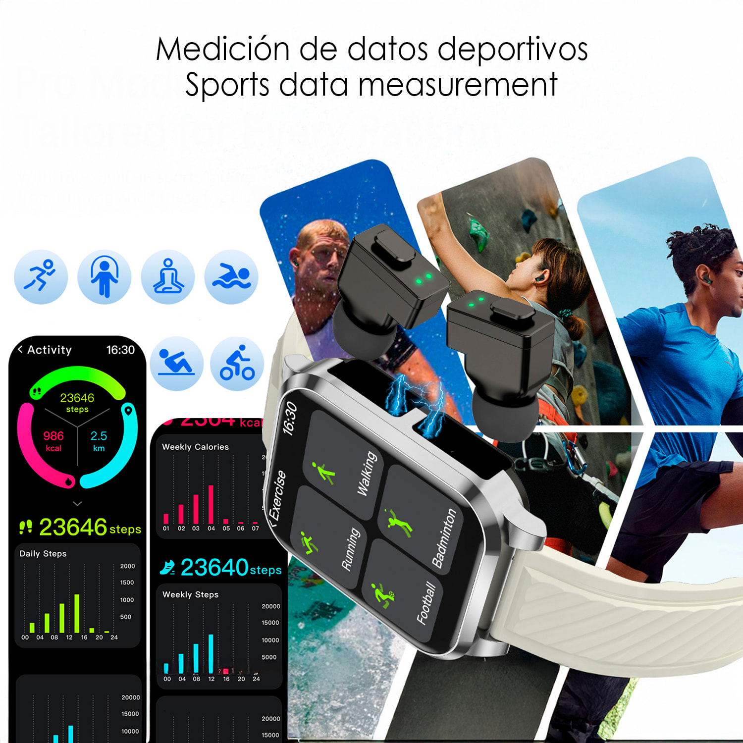 Smartwatch AIMB-Z20. Con termómetro, modos de deporte, auriculares bluetooth integrados y 2 correas de silicona.