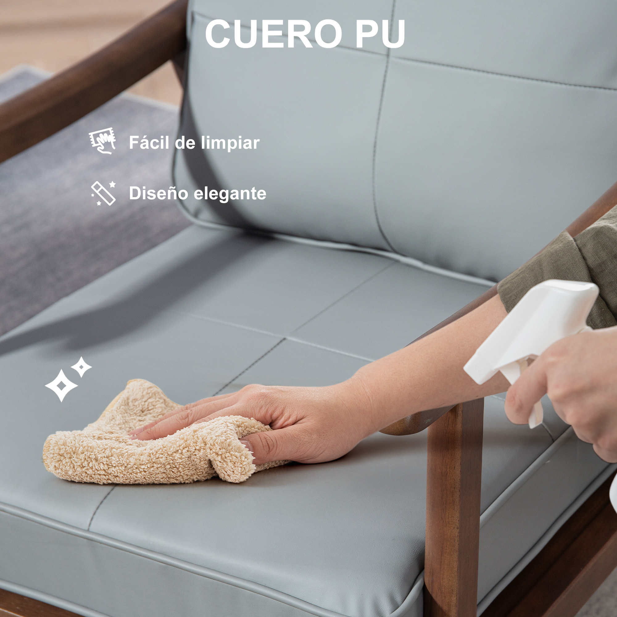 Butaca de Salón Sillón de Salón Tapizado en PU con Marco de Madera Cojines Acolchados Gruesos Respaldo Alto Carga 150 kg Sillón Lectura para Sala de Estar Dormitorio Gris y Madera Nogal