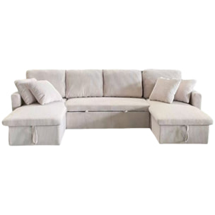 ELLA - Canapé panoramique convertible 4 places en velours côtelé avec coffre - beige