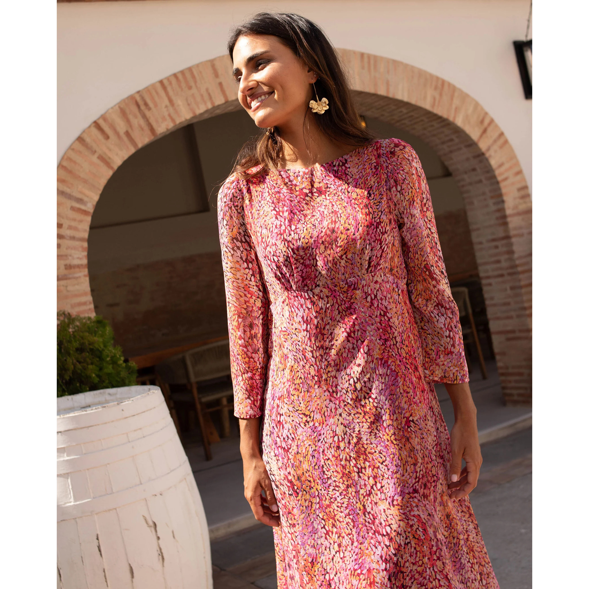 Vestido midi estampado con manga larga