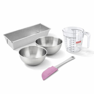 Set pâtisserie avec moule à cake acier, 2 bols à mixer, verre mesureur et spatule Zenker