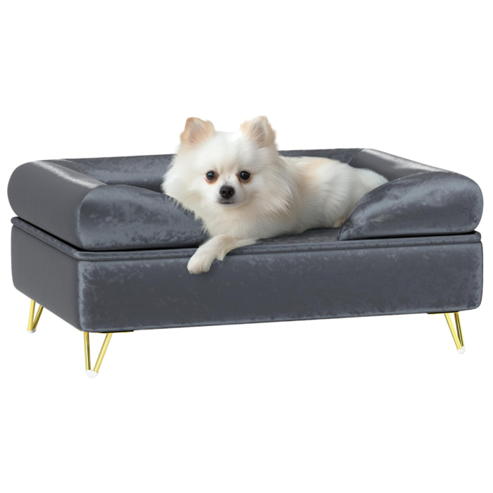 Canapé pour chien design - dim. 76L x 53,5l x 34H cm - piètement épingle métal doré velours gris