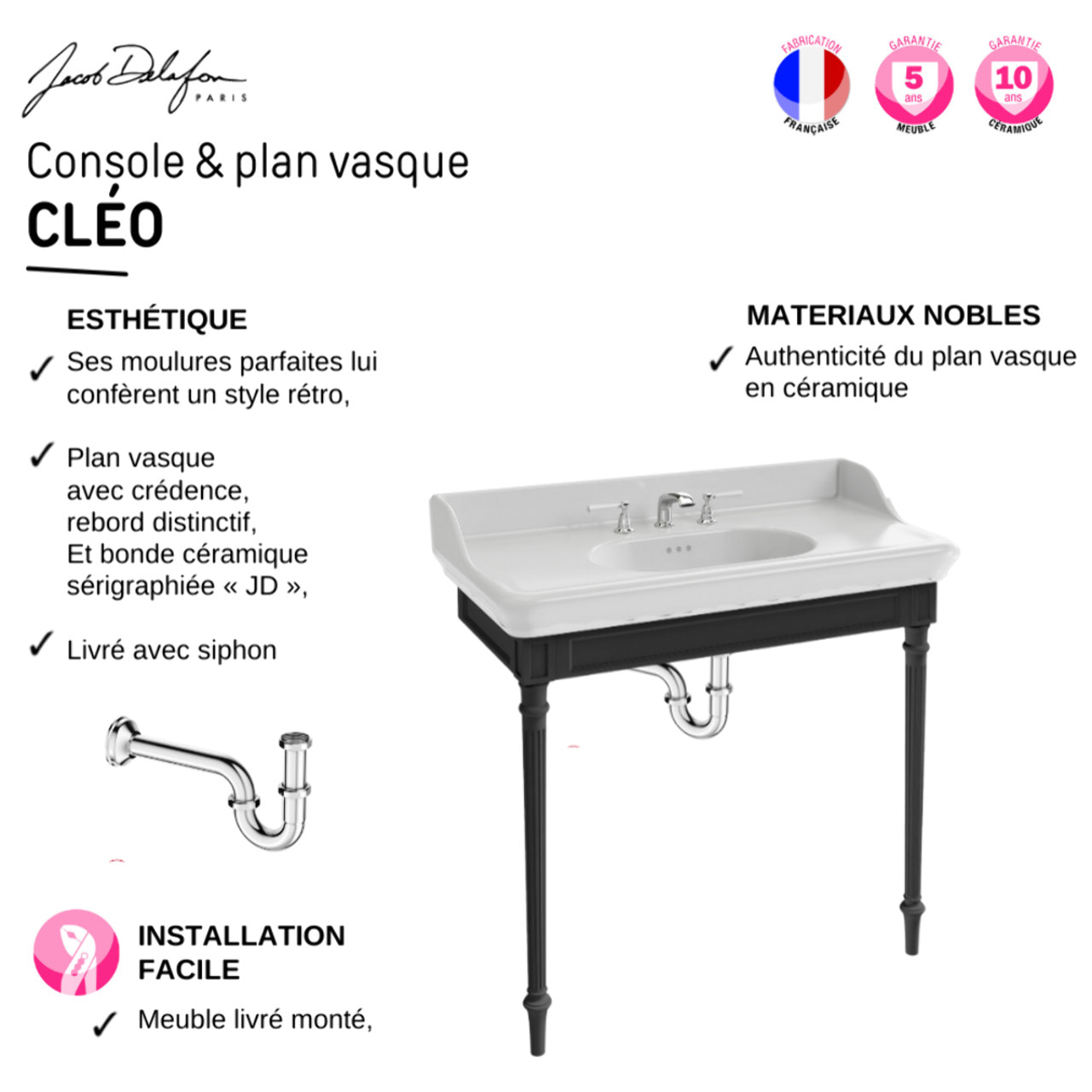 Console Cléo 1889 avec plan vasque 3 trous + colonne gauche + siphon chromé