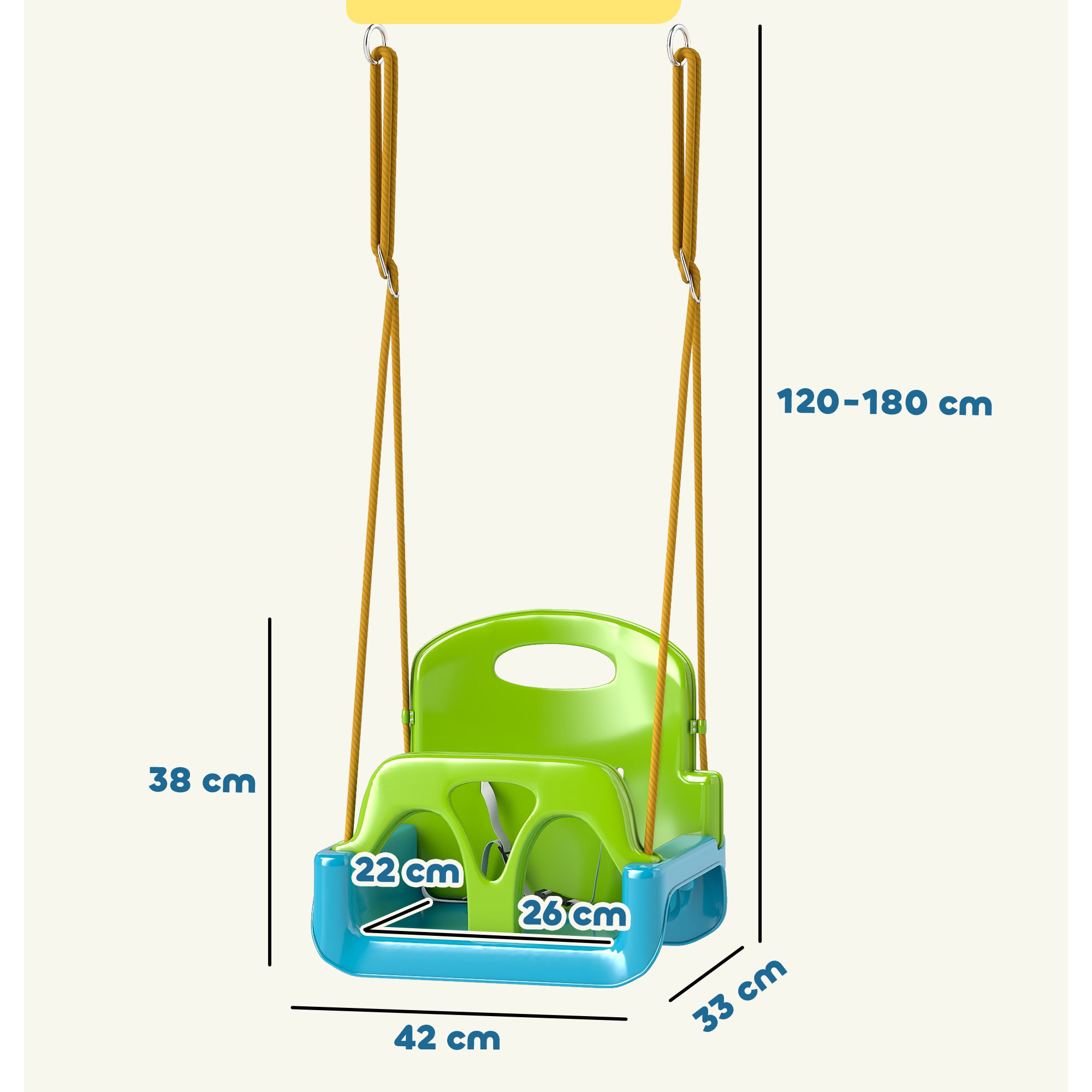 Columpio Infantil 3 en 1, Columpio para Niños, Cuerda Ajustable, con Respaldo Desmontable, Barra en T, Cinturón de Seguridad, para Interior, Exterior, Solo Asiento, Verde Oscuro