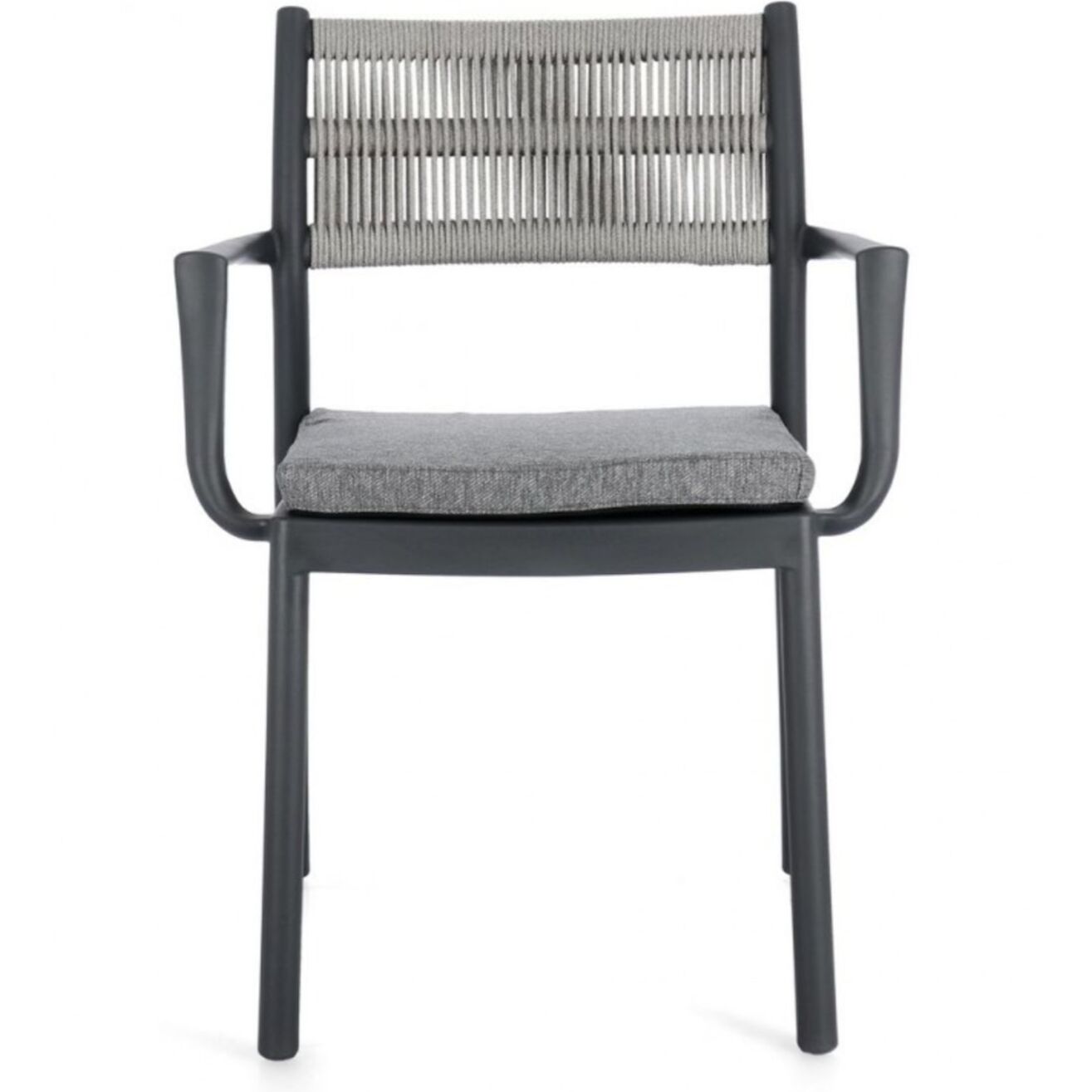 Set di 4 sedie ALVIN in polipropilene antracite e corda intrecciata grigio chiaro, con braccioli