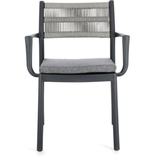 Set di 4 sedie ALVIN in polipropilene antracite e corda intrecciata grigio chiaro, con braccioli