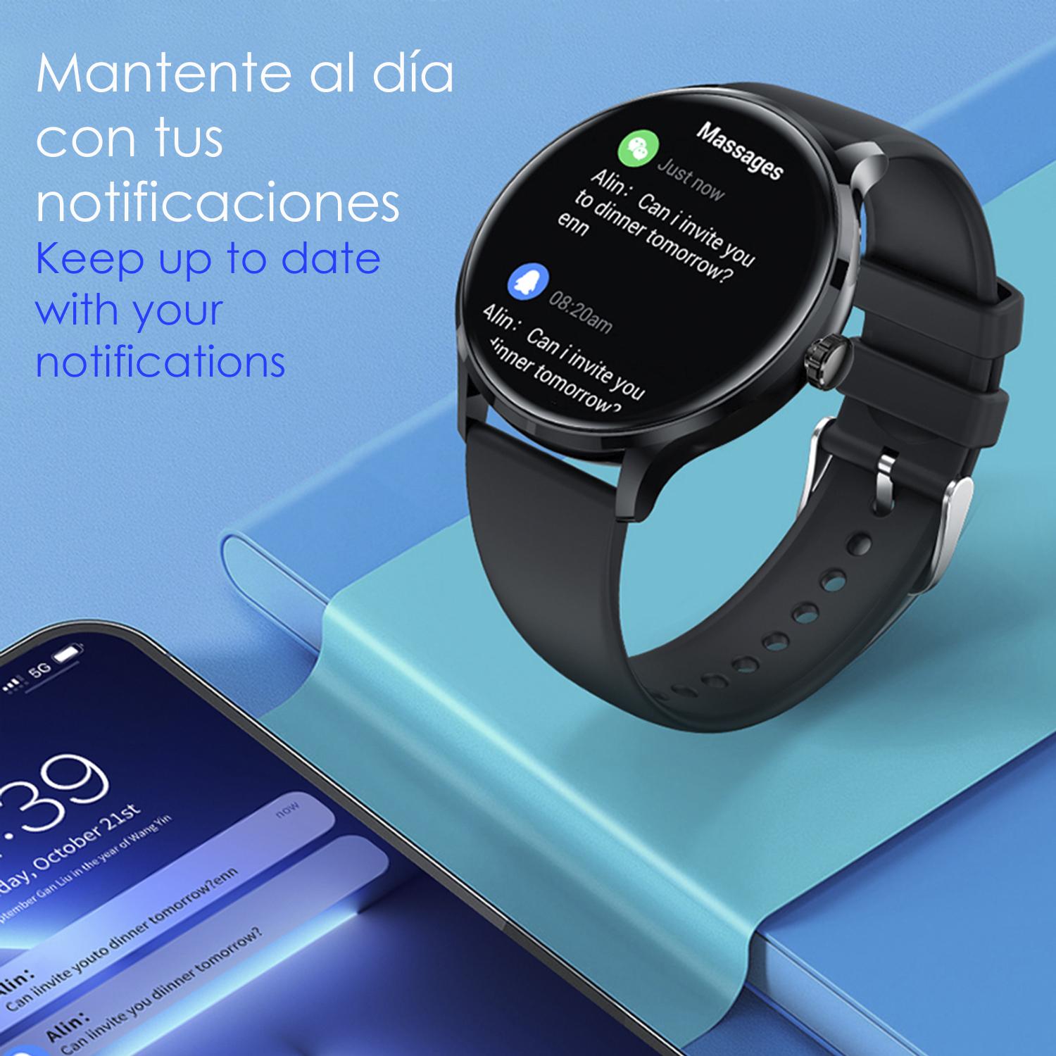 DAM Smartwatch QS80 con llamadas BT, notificaciones push. Monitor deportivo y de salud, termómetro. 4,4x1,1x3,7 Cm. Color: Plata