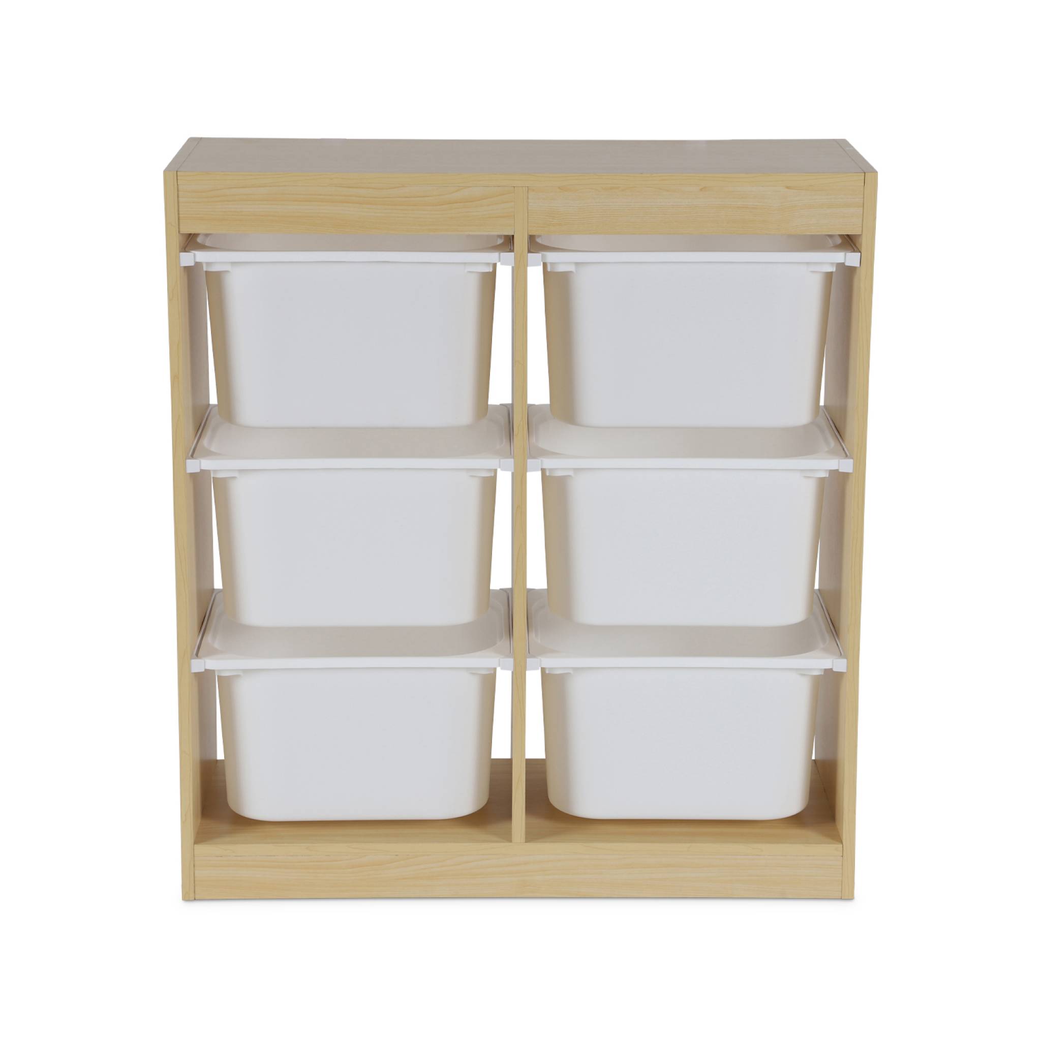 Meuble de rangement enfant. naturel. 6 bacs de rangement en plastique