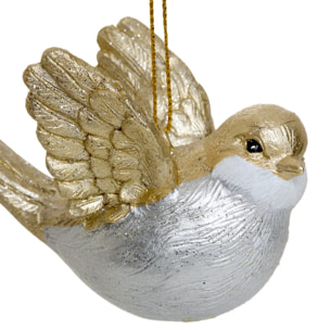 Suspension de sapin oiseau en résine or et argent 8 cm