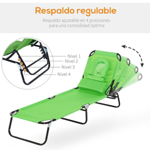 Tumbona Plegable con Respaldo Ajustable Almohada para Camping 190x56x28 cm Verde