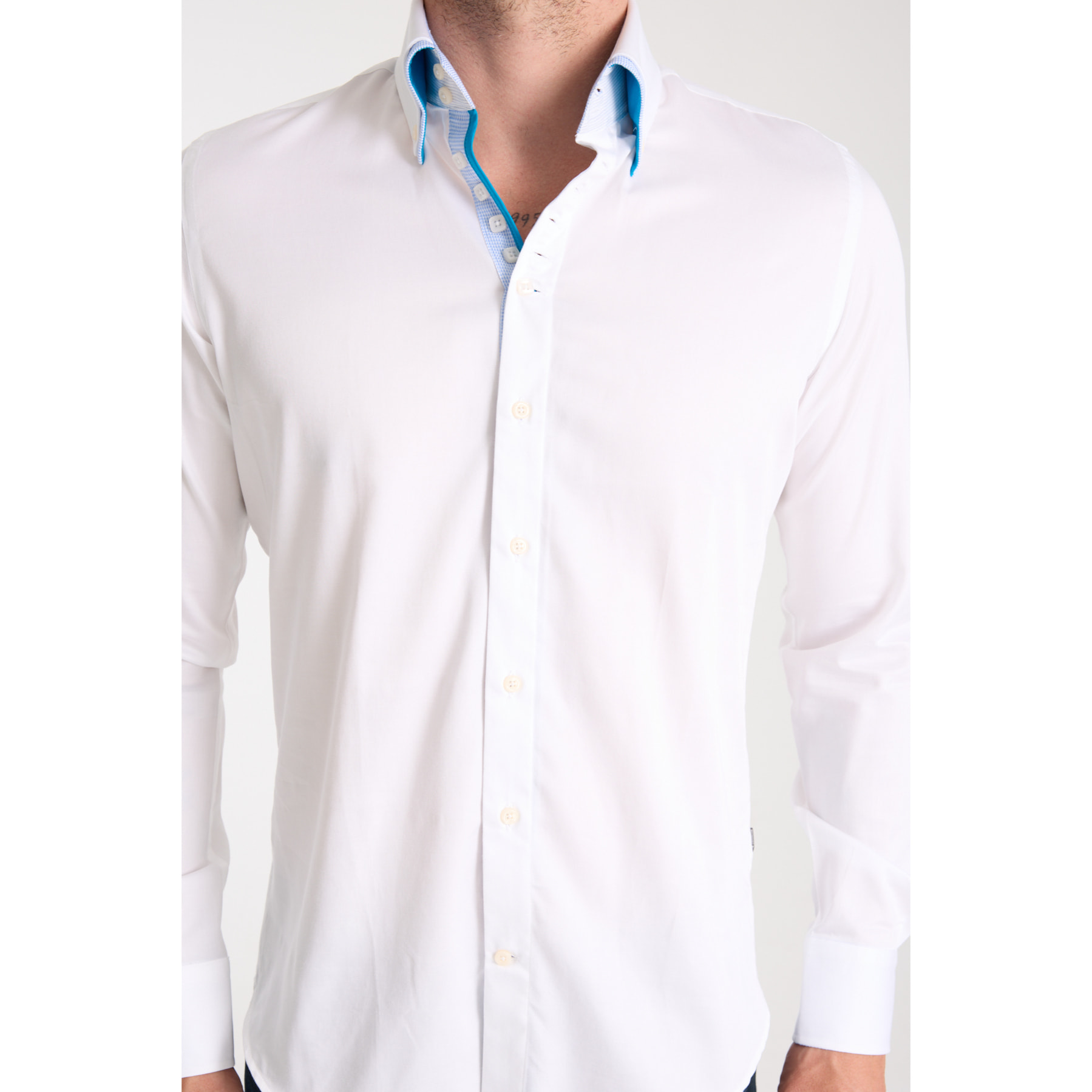 Camicia Uomo 2 Bottoni Button Down 7bottoni Doppio Coll Satin Unito Bianco