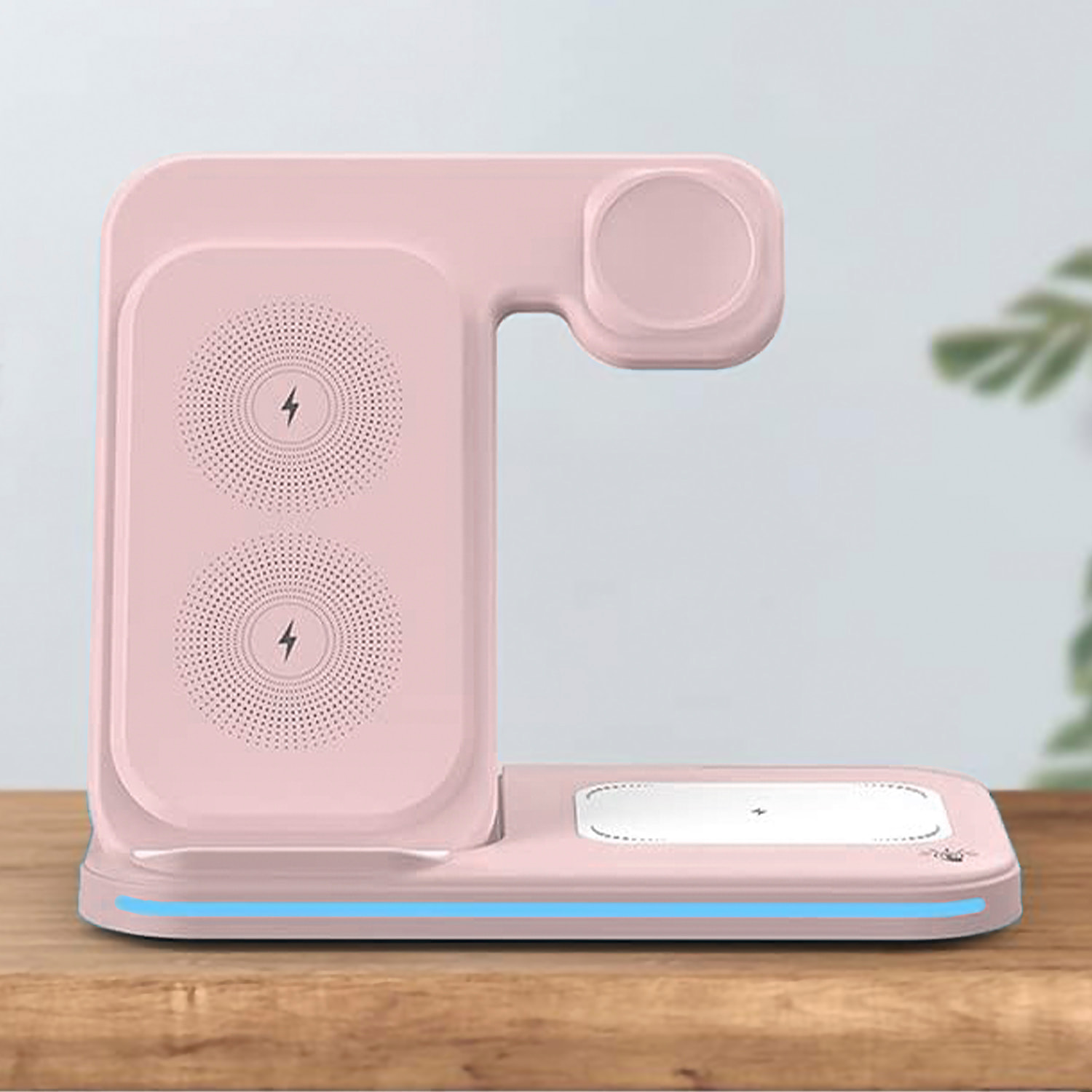 Base di ricarica wireless pieghevole 3 in 1. Base Qi da 15 W a doppia posizione, caricabatterie per Apple Watch e base Qi. Con luce ambientale. Funzione supporto.