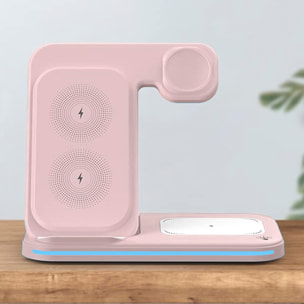 Base di ricarica wireless pieghevole 3 in 1. Base Qi da 15 W a doppia posizione, caricabatterie per Apple Watch e base Qi. Con luce ambientale. Funzione supporto.