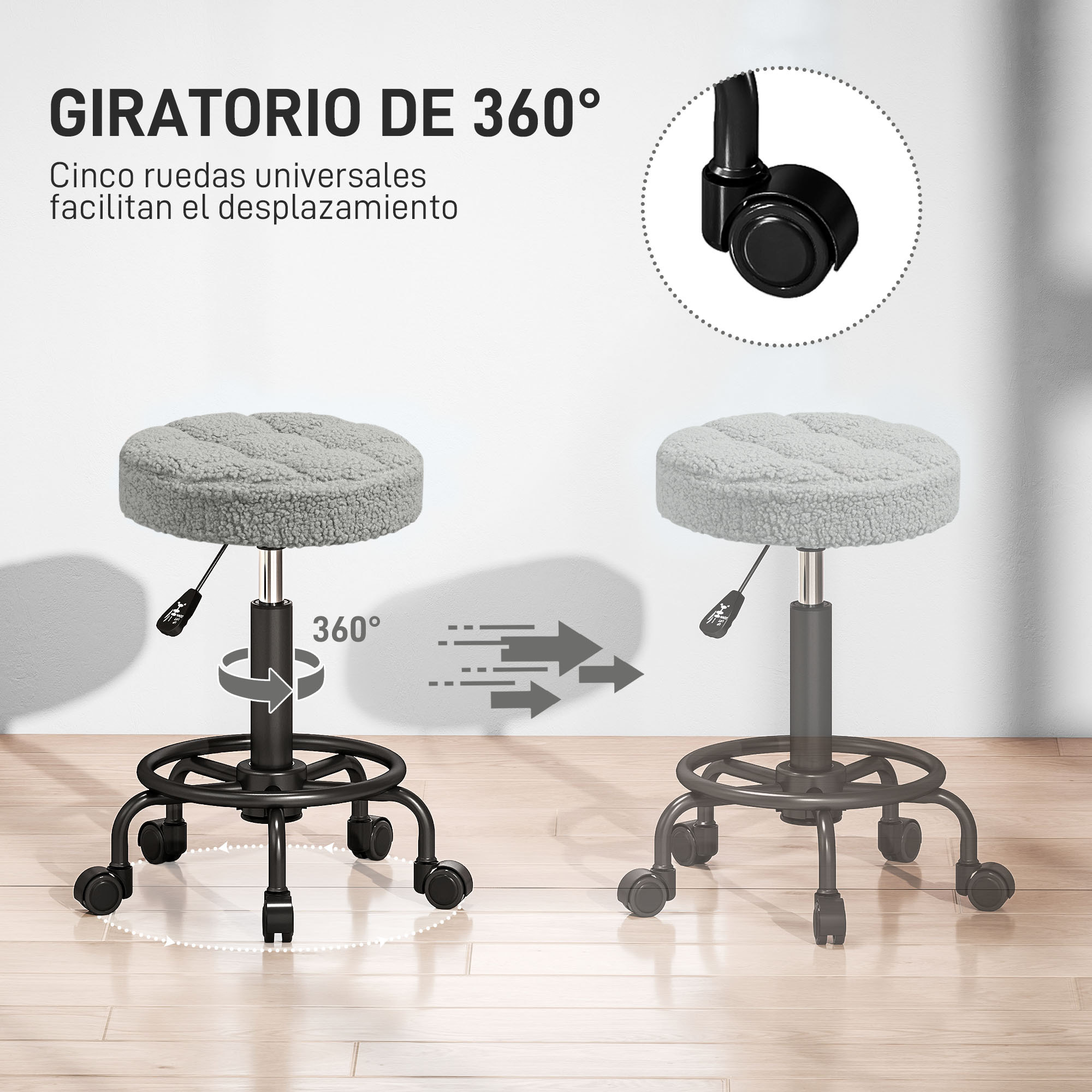 Taburete Giratorio Redondo Taburete con Ruedas Altura Regulable 50-66 cm Asiento Tapizado en Tejido de Borreguito para Salones Talleres Spa Masaje Gris