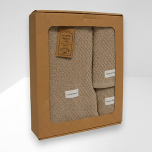 SET 3 PEZZI ASCIUGAMANI SPUGNA TINTA UNITA BEIGE CIOTOLI