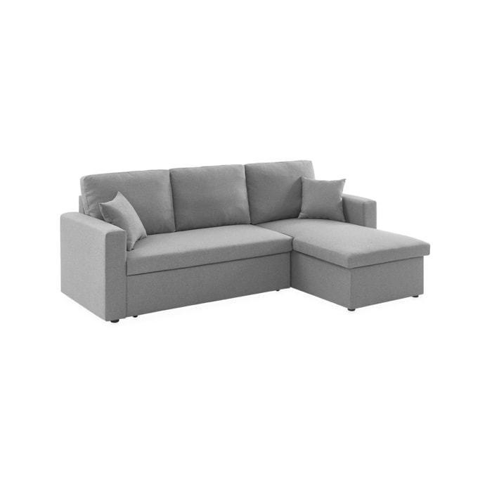 Canapé d'angle SMILE convertible réversible compact 3 places en tissu gris clair. L 213.5 x P 136.5 x H 83cm. avec coffre de rangement