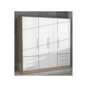 Armoire dressing 4 portes décor blanc et chêne sonoma - VENUS
