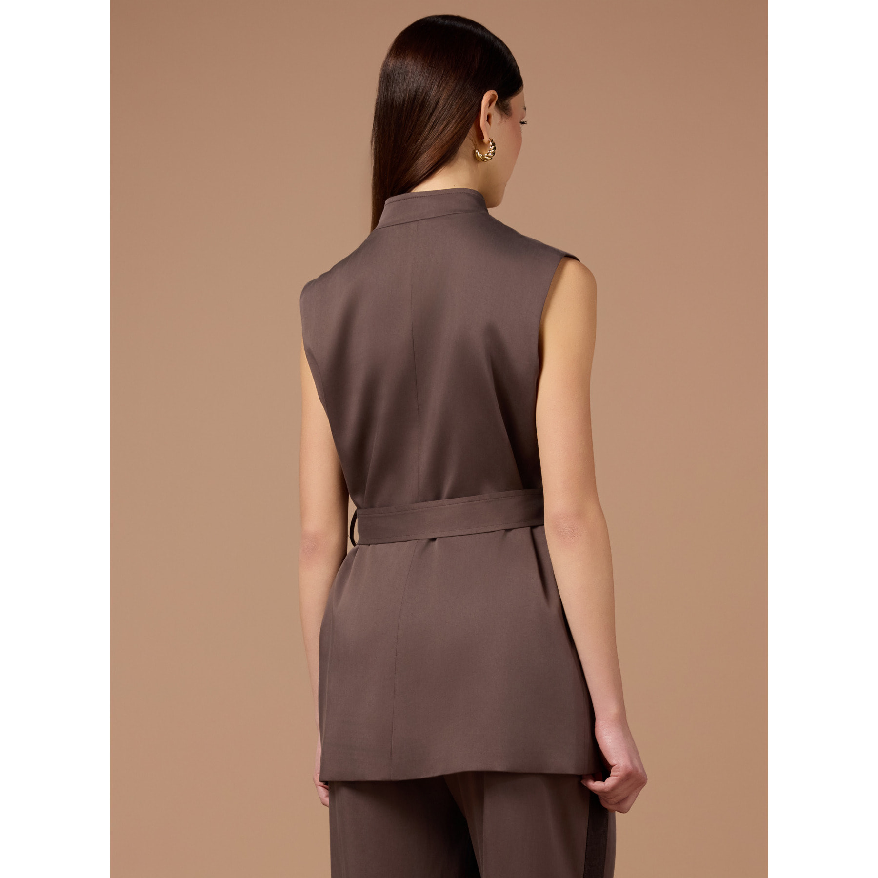 Oltre - Gilet fluido misto lyocell con cintura - Marrone