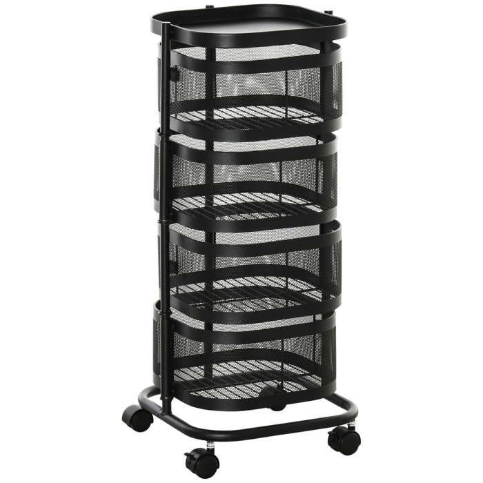 Carrito Auxiliar con Ruedas de 5 Niveles, Carrito de Cocina con 4 Cestas de Almacenamiento Giratorias 270° y Bandeja Superior, para Frutas, Verduras, Utensilios, 33x33x77 cm, Negro