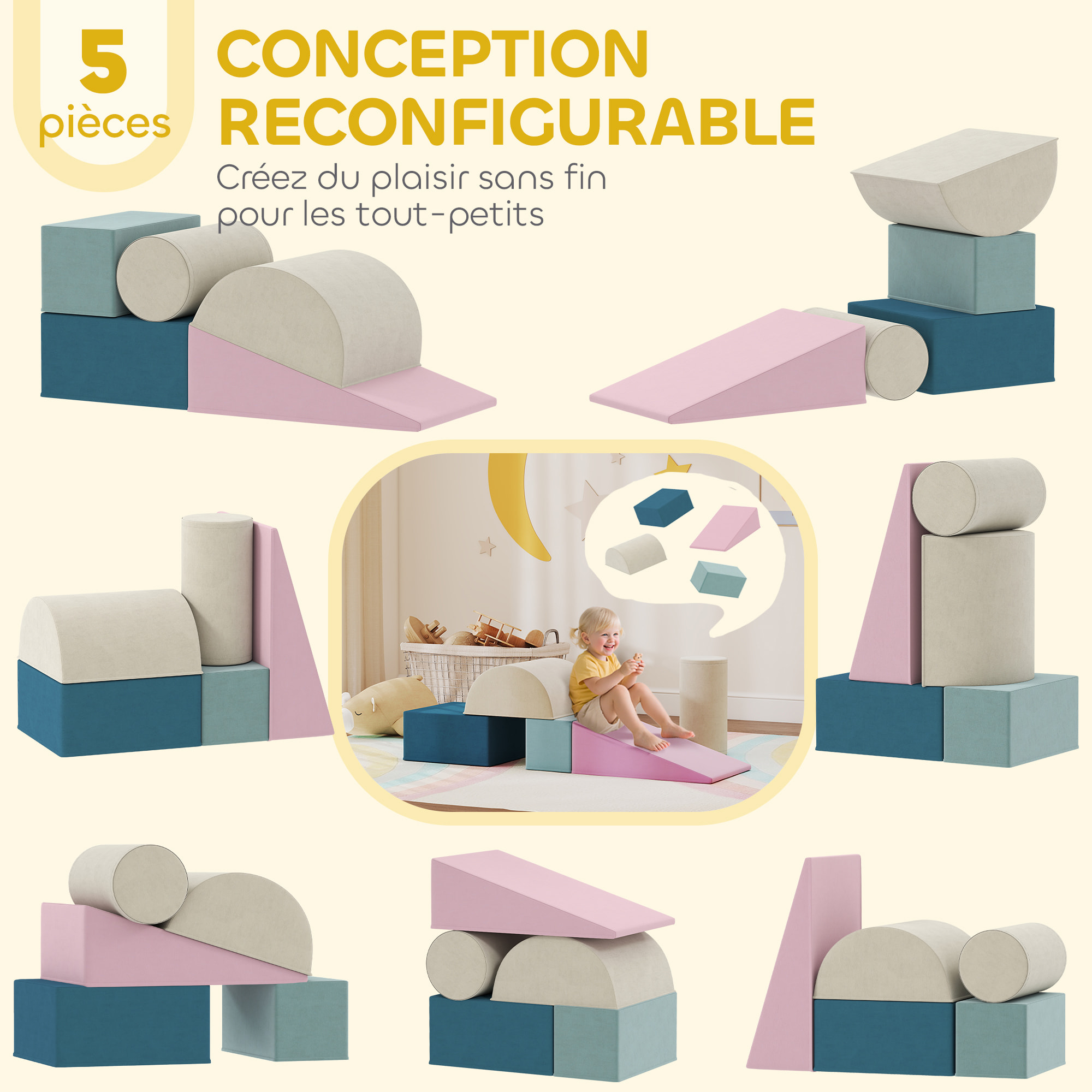Parcours motricité bébé modulable 5 pièces zippées déhoussables velours multicolore