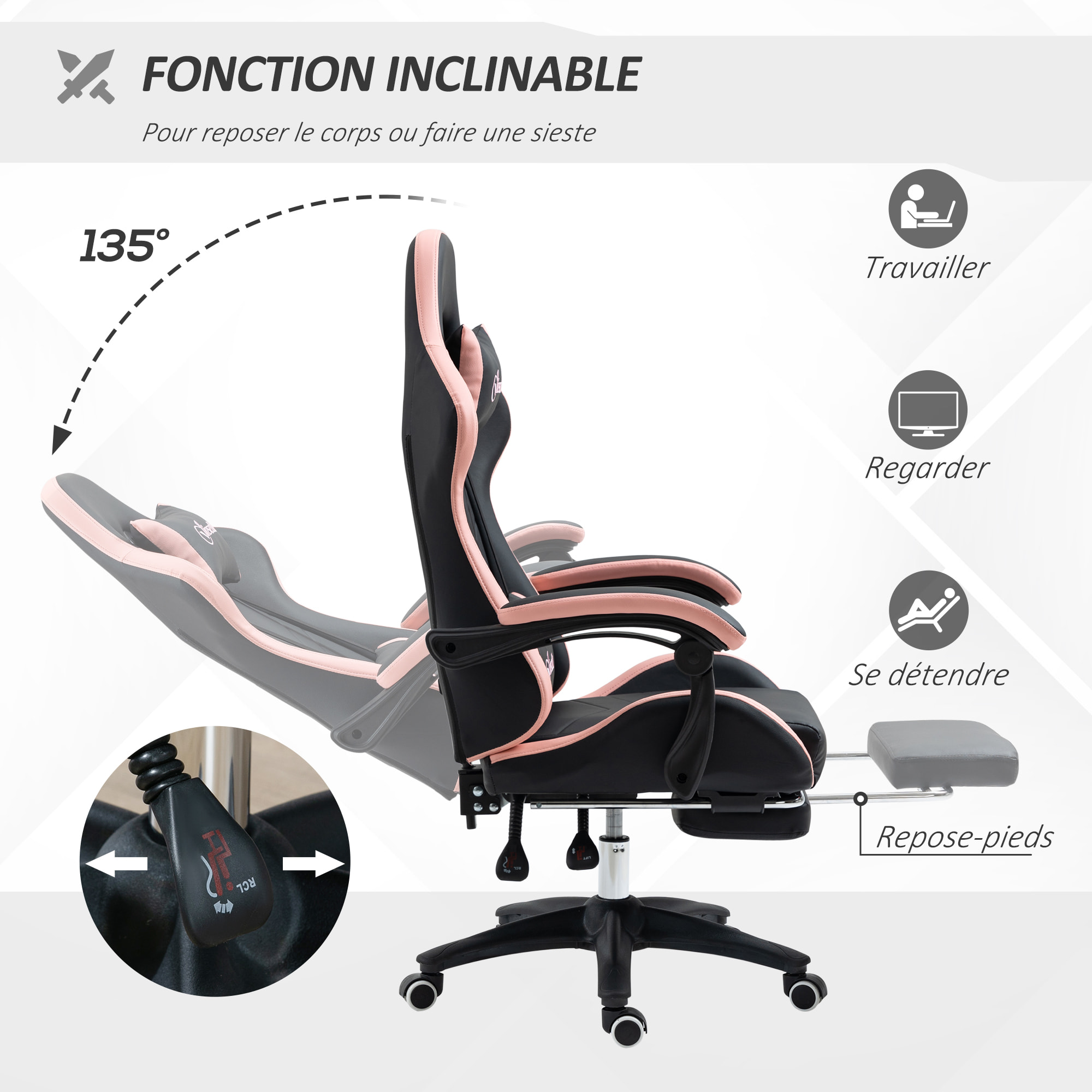 Chaise gaming - chaise de bureau gamer inclinable réglable repose-pieds rétractable coussins synthétique noir rose