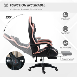 Chaise gaming - chaise de bureau gamer inclinable réglable repose-pieds rétractable coussins synthétique noir rose