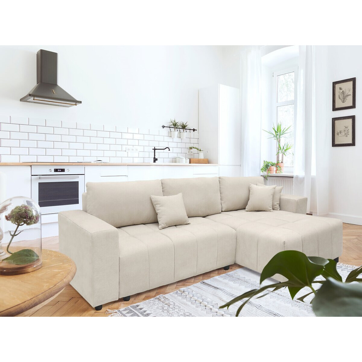 Canapé d'angle convertible style bubble tissu chenille "George" 4 places - Beige