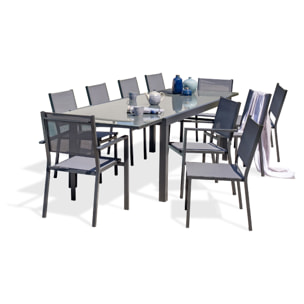 TOLEDE - Ensemble repas 10 places en aluminium anthracite et plateau verre