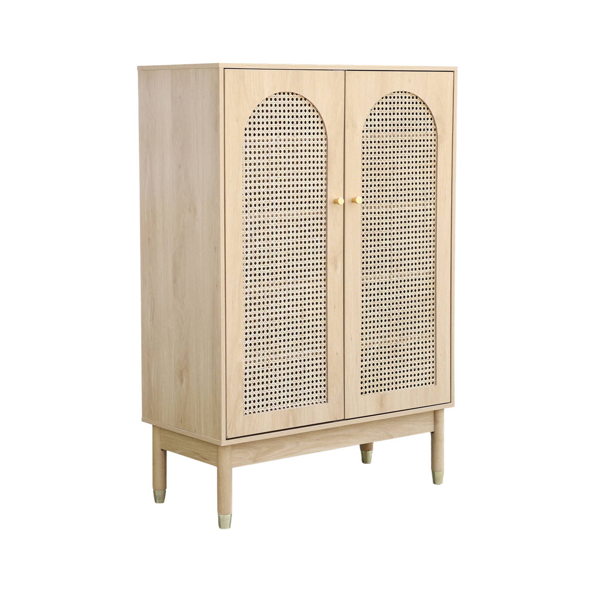 Meuble à chaussures / Petit buffet 2 portes cannage JUDITH. 20 paires de chaussures. 4 étagères. pieds en bois d'hévéa avec caps finition dorée.
